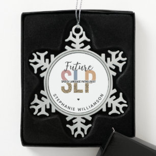 Custom Future SLP Speech Pathologist Leopard Print Snowflake Pewter Christmas Ornament