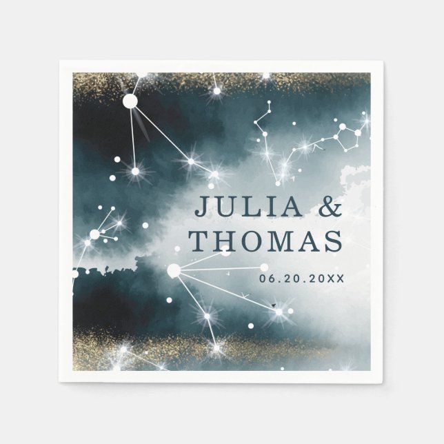 Custom Galaxy Blue Gold Stars Wedding Napkin (Front)