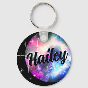 Custom Galaxy Nebula Moon and Stars Name Black Keychain