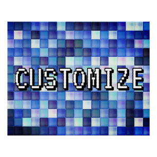 Custom Gamertag Blue 8-Bit Pixel Square Pattern Poster