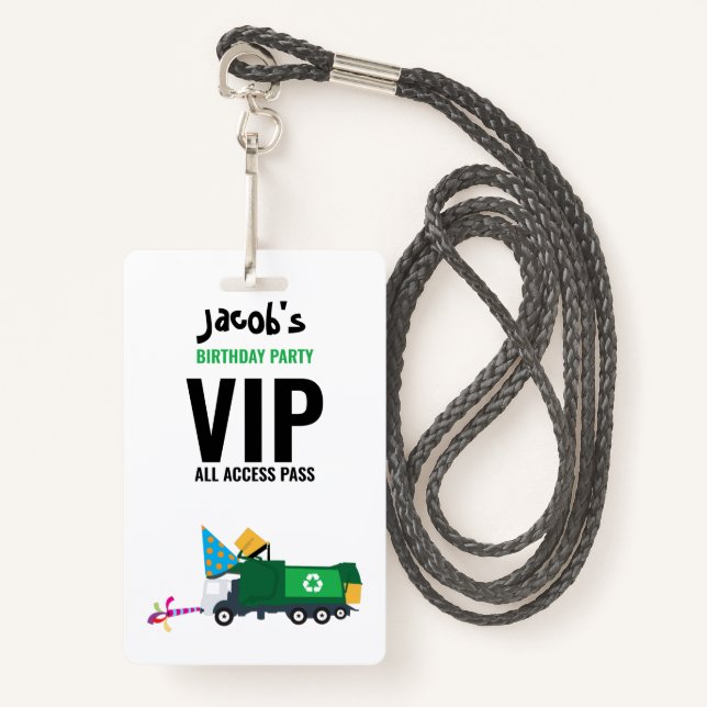 Custom Garbage Truck Birthday Party Pass Favour  Badge (Front with Lanyard)