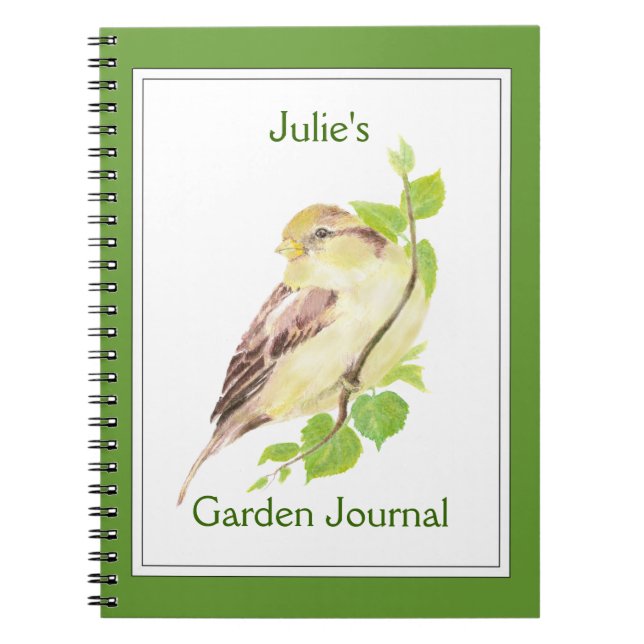 Custom, Garden Journal with Watercolor Sparrow (Front)
