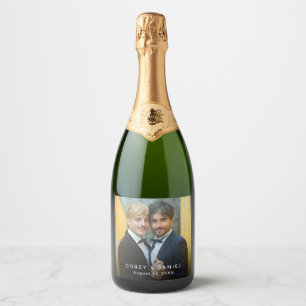 Custom Gay Wedding Photo Two Grooms Sparkling Wine Label