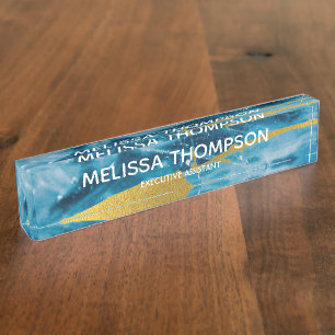Custom Geode Agate Gemstone Blue and Gold Nameplate