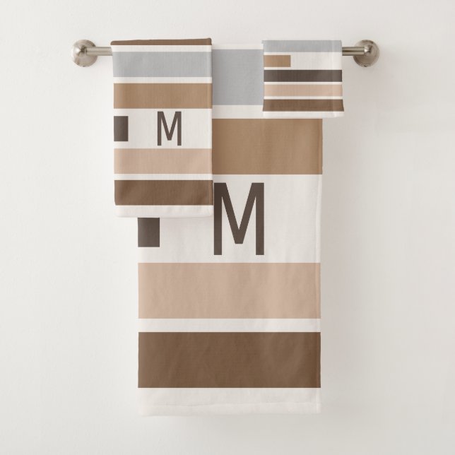 Custom Geometric Earthtones Stripes Art Pattern Bath Towel Set (Insitu)