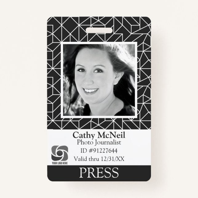 Custom Geometric Reporter Photographer BW Press ID Badge (Front)