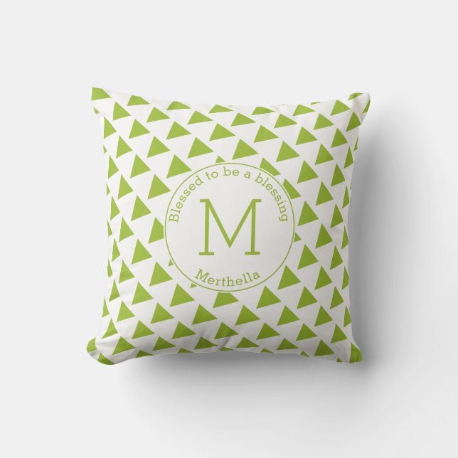 Custom Geometric Triangles Monogram Lime Green Throw Pillow (Front)