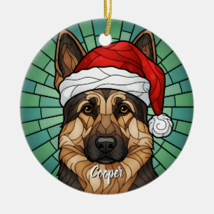 Custom German Shepherd Dog Santa Hat Stained Glass Ceramic Ornament