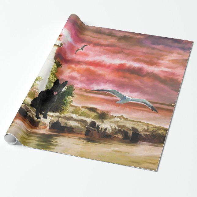 Custom German Shepherd Lighthouse wrapping paper (Unrolled)