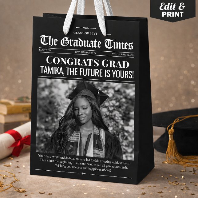 Custom Gift Bag, Black White Graduation Newspaper Medium Gift Bag (Custom Gift Bag, Black White Graduation Newspaper Medium Gift Bag)