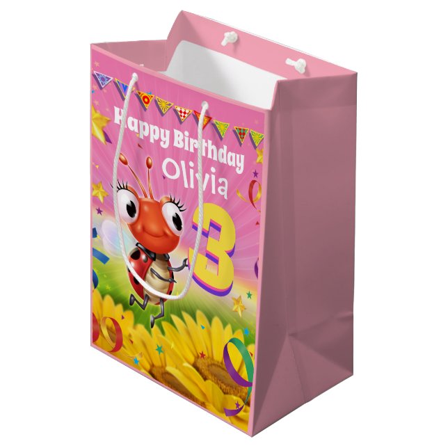 Custom Gift Bag for girl's 3rd birthday - Ladybug (Front Angled)
