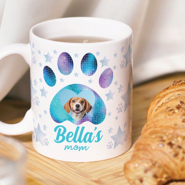 Custom Gift Photo Blue Glitter Dog Mom Coffee Mug (Creator Uploaded)