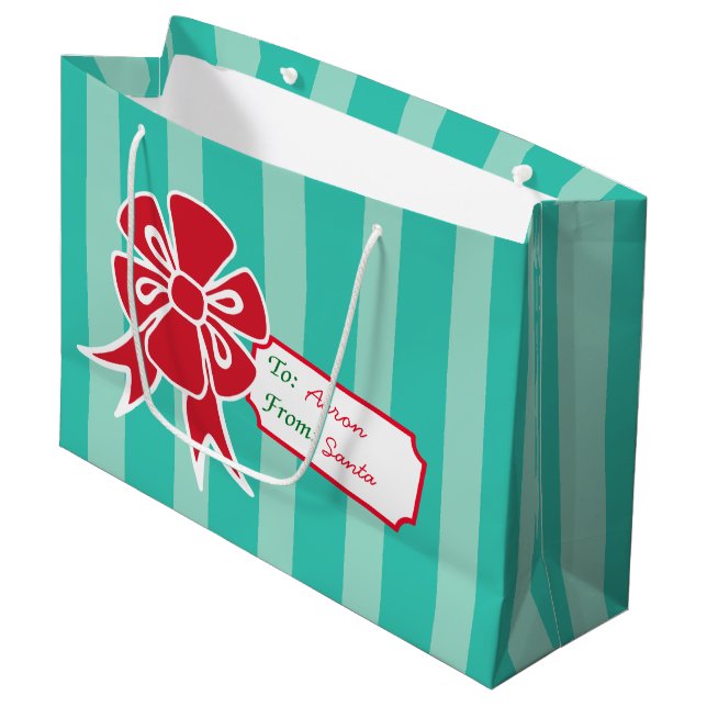 Custom Gift Tag Bow Aqua Christmas Gift Bag (Front Angled)