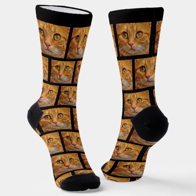 Custom Ginger Tabby Cat Photo on Black Crew Socks (Angled)
