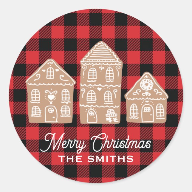 Custom Gingerbread House Buffalo Check Mountain Classic Round Sticker (Front)