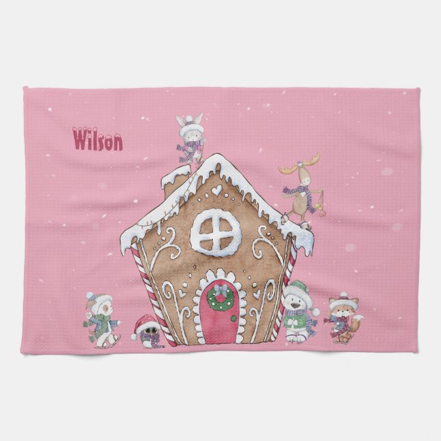 Custom Gingerbread House Ice Skating Snowy Day   Kitchen Towel (Horizontal)