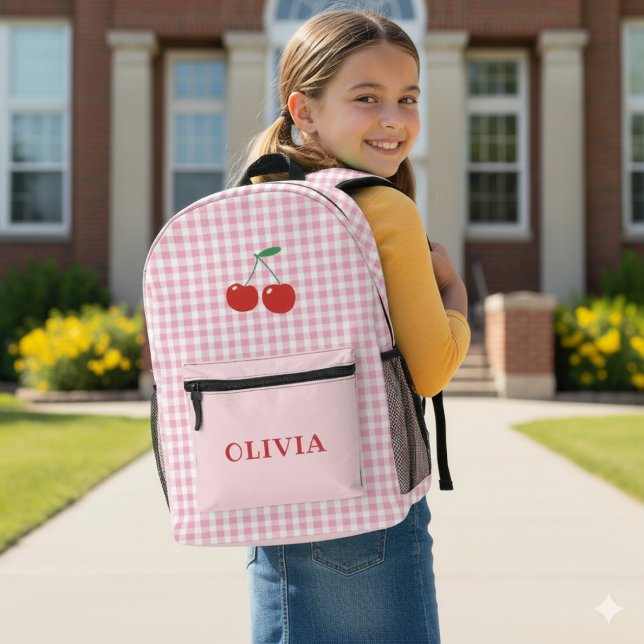 Custom Gingham Cherry Girls Printed Backpack (Custom Cherry Gingham Girls Backpack)