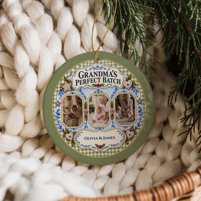 Custom Gingham Grandma’s Perfect Batch Photos Ceramic Ornament (Creator Uploaded)