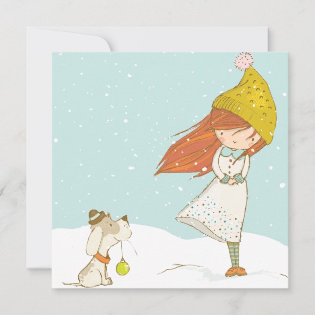 Custom Girl and Her Dog Cute Christmas Holiday Card (Front)