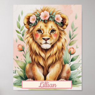 Custom Girl Jungle Nursery Watercolor Baby Lion Poster