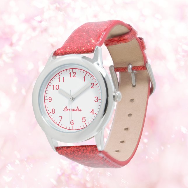 Custom Girl Name Red Glitter Strap Kid Watch (Creator Uploaded)