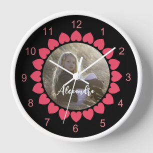 Custom Girl Photo with Peachy Hearts Circle Clock