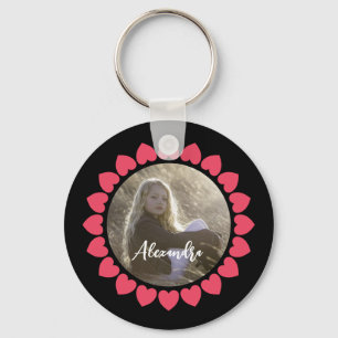 Custom Girl Photo with Peachy Hearts Circle Keychain