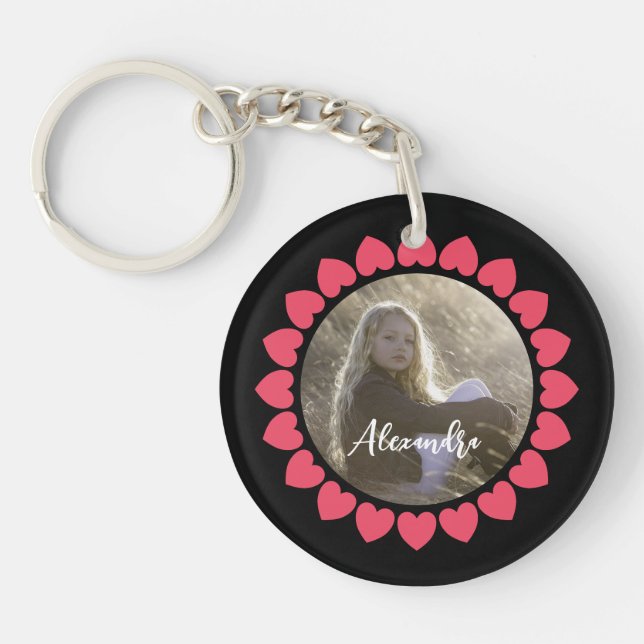 Custom Girl Photo with Peachy Hearts Circle Keychain (Front)