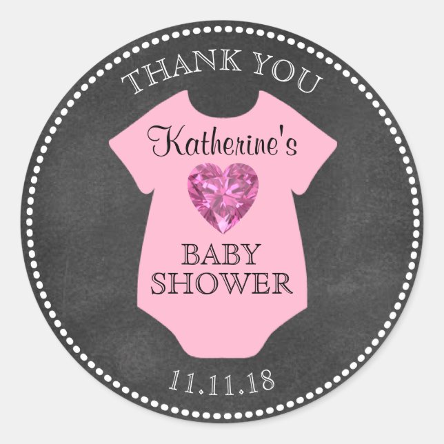 Custom Girl Pink Chalkboard Baby Shower Templates Classic Round Sticker (Front)