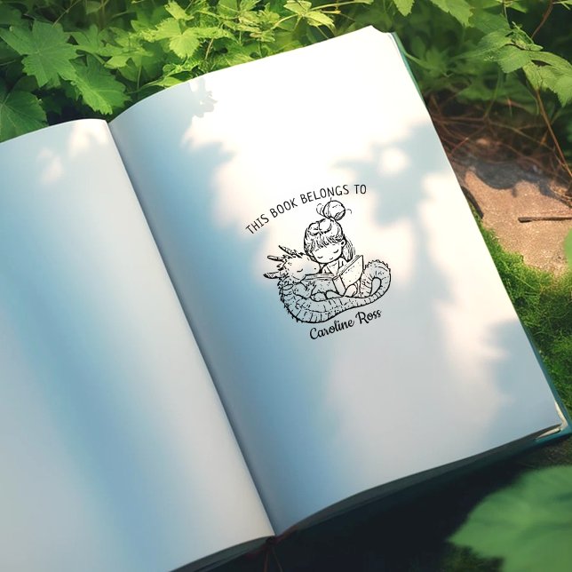 Custom Girl Reading with Dragon Bookplate Rubber Stamp (Creator Uploaded)