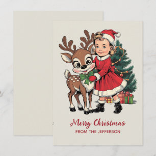 Custom Girl with Reindeer & Tree Christmas Vintage Holiday Card
