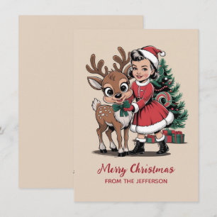 Custom Girl with Reindeer & Tree Christmas Vintage Holiday Card