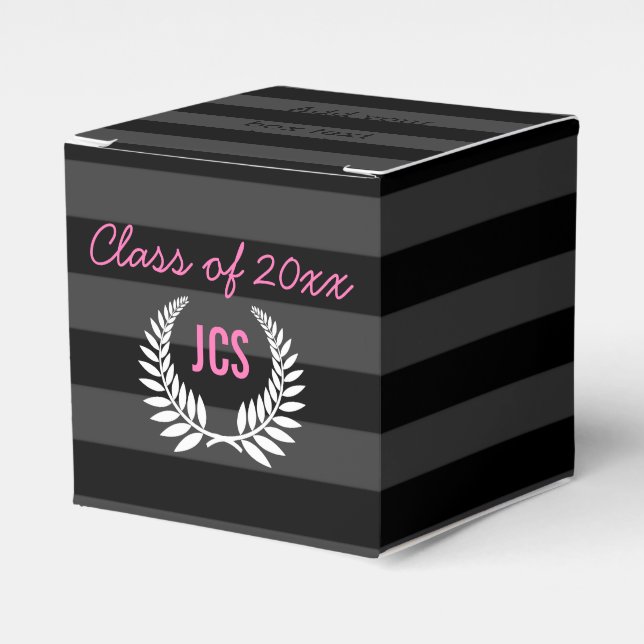 Custom Girls Graduation Party Black Pink Monogram Favor Box (Front Side)