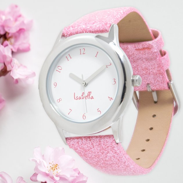 Custom Girls Name Pink Glitter Strap Kids Watch Zazzle