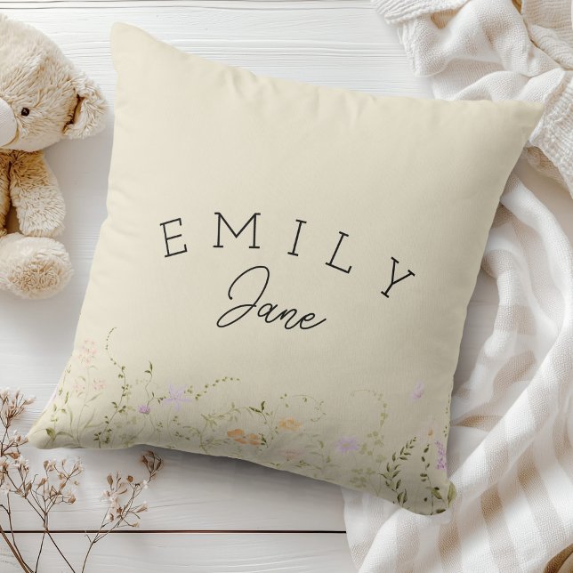 Custom Girls Name Sign Wildflower Nursery Decor Throw Pillow (Baby Girl Name Pillow Wildflower Nursery Decor)