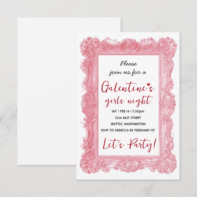 Custom Girls Night Galentine Pink Party Invitation (Devant / Derrière)