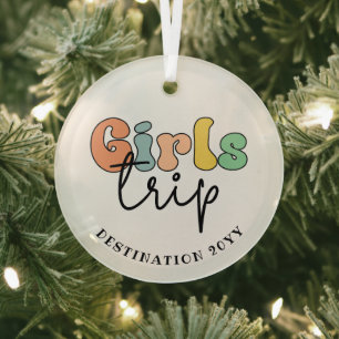 Custom Girls Trip   Cute Girls weekend vacation Glass Ornament