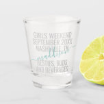Custom Girls Weekend Friends Trip Personalized Shot Glass<br><div class="desc">Custom Girls Weekend Getaway Vacation Shot Glass with editable text and wording for a date,  destination location,  name,  and fun DIY quote like "besties,  buds,  and beverages" in turquoise aqua teal blue and grey is a fun custom keepsake for your travel squad or bridesmaids.</div>