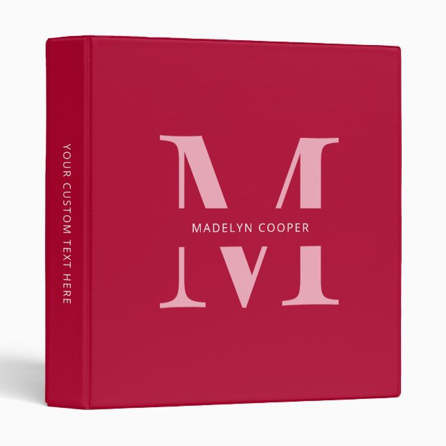 Custom Girly Chic Red Pink Monogram Office School Binder (Front/Spine)