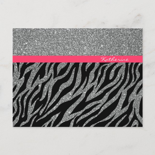 Custom Girly Glitter Silver Pink Zebra Glam Name Postcard (Front)