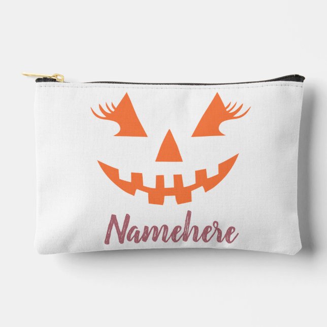 Custom Girly Jack O Lantern Pumpkin Halloween Accessory Pouch (Front)