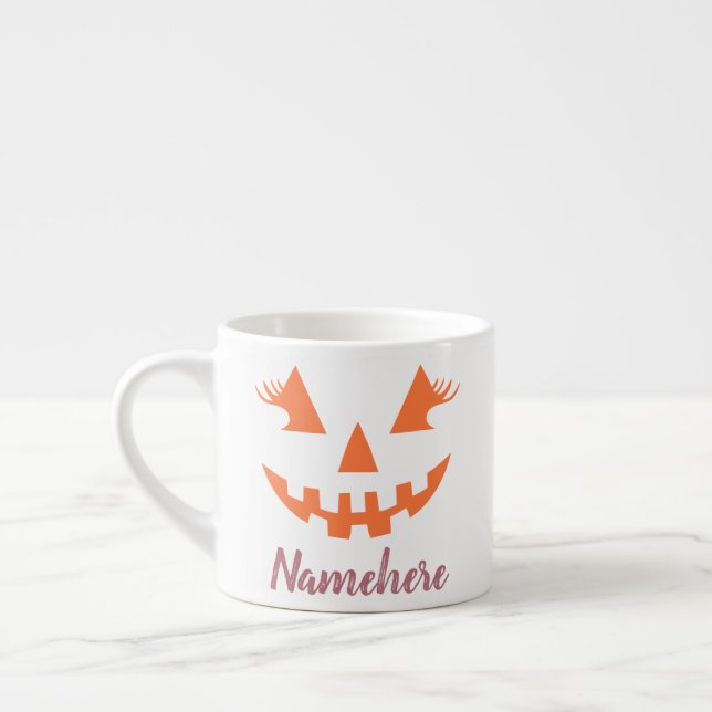 Custom Girly Jack O Lantern Pumpkin Halloween Espresso Cup (Left)
