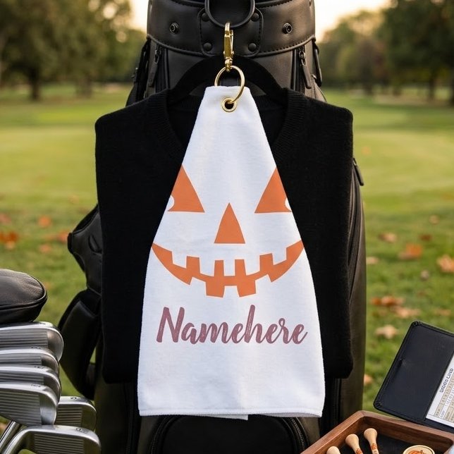 Custom Girly Jack O Lantern Pumpkin Halloween Golf Towel (Creator Uploaded)