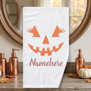 Custom Girly Jack O Lantern Pumpkin Halloween Hand Towel