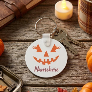 Custom Girly Jack O Lantern Pumpkin Halloween Keychain