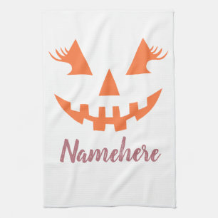Custom Girly Jack O Lantern Pumpkin Halloween Kitchen Towel