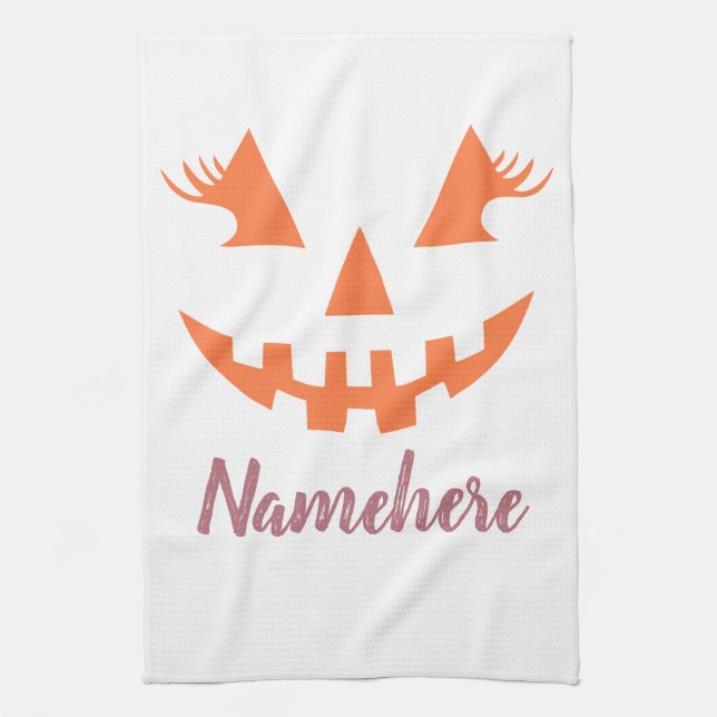 Custom Girly Jack O Lantern Pumpkin Halloween Kitchen Towel (Vertical)