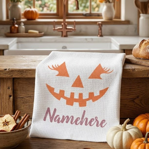 Custom Girly Jack O Lantern Pumpkin Halloween Kitchen Towel