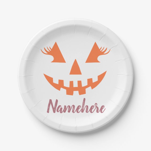 Custom Girly Jack O Lantern Pumpkin Halloween Paper Plate (Front)
