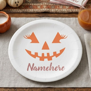 Custom Girly Jack O Lantern Pumpkin Halloween Paper Plate
